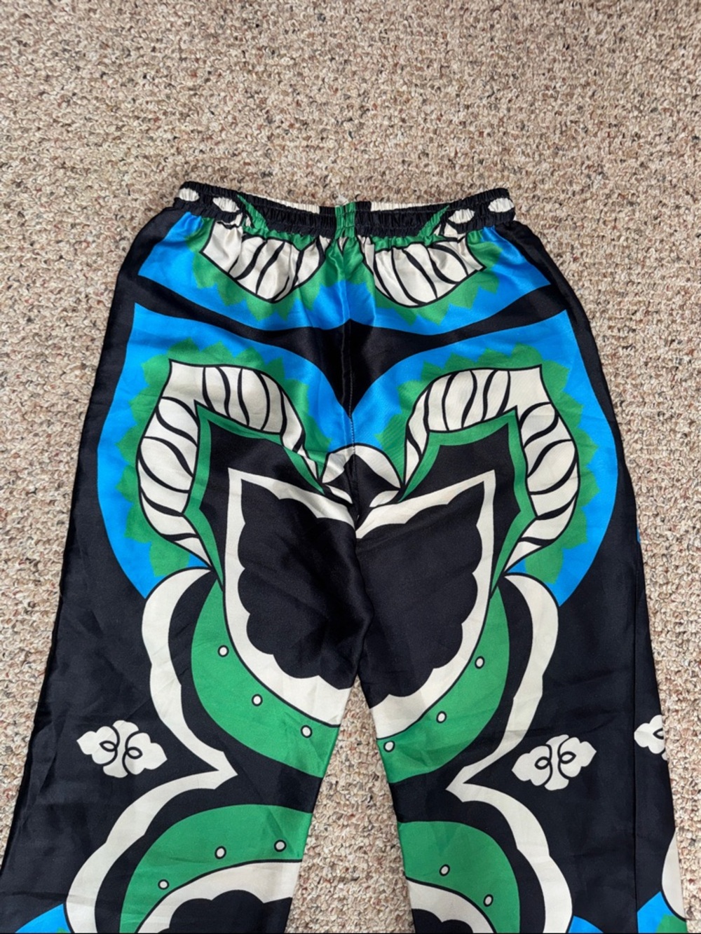 MICAS Bold Graphic Wide-Leg Silk Pants in Black, Green & Blue - Picture 6 of 7